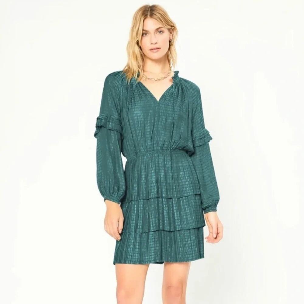 Anthropologie Current Air Pleated Tiered Jacquard Mini Dress – Jade Green